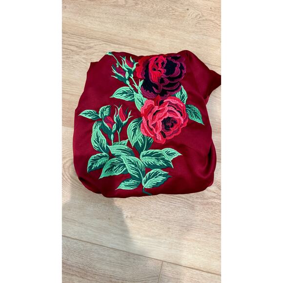 Bed to Brunch Maroon Silky Long Robe with Embroidered Roses – Size Small - Picture 8 of 8